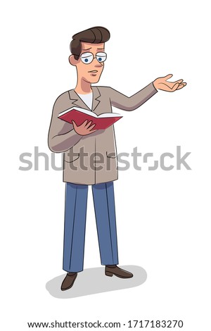 Vector character illustration of man reads book aloud isolated person. Teacher at literature lesson. Poet or writer recites poems, chapter of novel. Library, self-education, school, learning concept