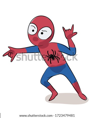 Kid in carnival suit. Boy wearing costume of modern superhero. Little spider man lets out cobweb gesture. Children games, imagination, happy childhood concept. Vector character illustration