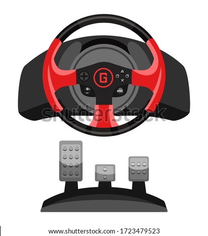 Video racing steering wheel game controller with pedal set for gaming simulation isolated on white background. Driver electronic simulator. Gamepad accessory. Gambling technology. Hobby and recreation