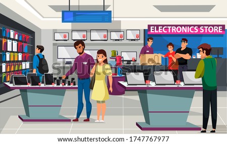 People visitor and shop assistant at consumer electronics store. Man and woman choosing mobile phone, laptop, tv and audio equipment, buying home appliance product. Shopping mall interior