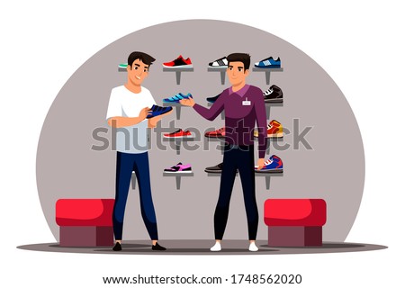 Shoe store scene. Young guy chooses new pair of running sneakers in department of sports shoes. Male consultant helps buyer with purchase. Design interior modern shop. Vector character illustration