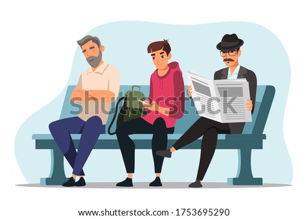 Queue people sitting on blue bench, waiting their turn. Man reading newspaper, chatting online, sleeping, woman looking at watch, talking on phone, isolated objects. Vector character illustration