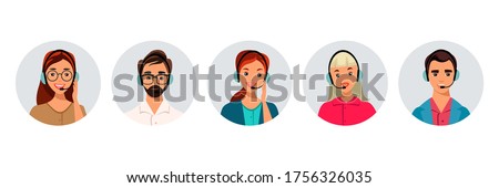 Hotline Call center. Portrait of man, woman at support department. Office workers in headphones with microphone. Operator online help, advises customers, feedback concept. Vector illustration