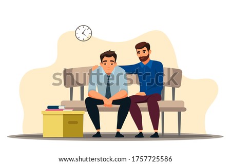 Unemployment concept. Dismisses employee leaves workplace at office. Depressed man sits at sofa, colleague support, belongings in box. Jobless troubles, job reduction. Vector character illustration