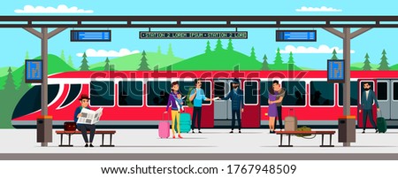 Train station and passengers. Train or subway car has arrived, people are boarding. Conductor checks tickets at traveling family. Couple is hugging before leaving. Vector character illustration