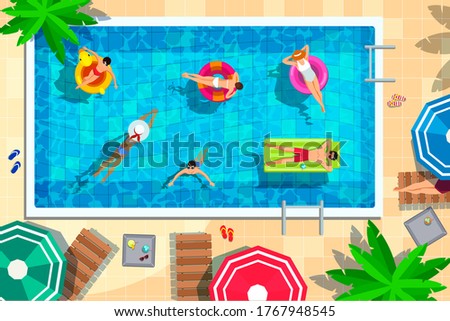 Swimming pool in top view background. People swimming, relax, place for summer fun and parties. Sun loungers by pool, air mattress and floating rings, umbrellas, beach objects. Vector illustration