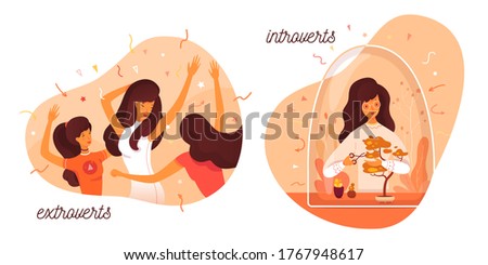 Introvert and extrovert individuality. Introversion woman cares bonsai plant, enjoys loneliness hobbies. Extroversion girl dancing at party club, entertainment with people. Vector illustration Foto stock © 