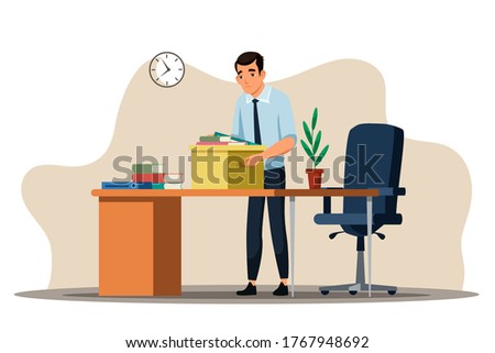 Unemployment concept. Dismisses employee leaves workplace at office. Sad depressed man collects personal belongings in box. Jobless troubles, work crisis, job reduction. Vector character illustration