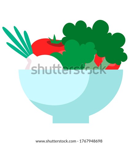 Vegetables in bowl isolated on white background. Tomatoes, broccoli, onions in pot. Fresh organic ingredients for salad. Vector flat illustration of cooking food, vegetarian diet, healthy nutrition