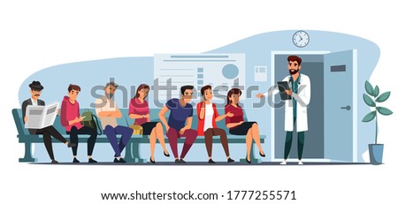 Queue people sitting on blue bench, waiting in line to Doctor in clinic. Man reading newspaper, chatting online, sleeping, woman looking at watch, talking on phone. Vector character illustration