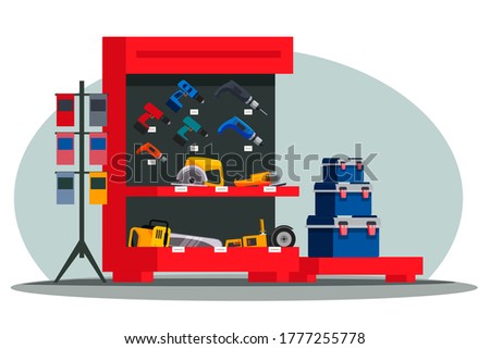 Hand electric instrument and power tool assortment on stand showcase at construction hardware shop. Toolbox, sample example kit. Workshop accessory for carpentry and building works. Vector interior