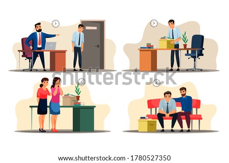 Unemployment concept. Office scenes: boss dismisses employee, sad man collects personal belongings in box, woman crying, guy depressed of dismissal, support of colleague. Vector character illustration