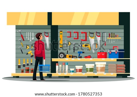 Vector man with shopping basket choosing hand instrument for home remodeling renovation standing front of tools stand in constructor shop. Repair equipment, cement, primer, putty mixtures assortment