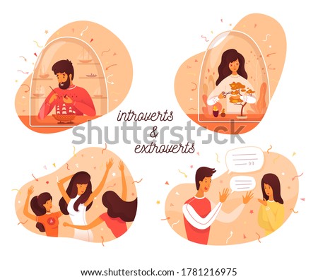 Introvert and extrovert individuality. Introversion man makes ship model, woman takes care of bonsai plants. Extroversion guy talking with people, girl dancing in party club. Vector illustration Foto stock © 