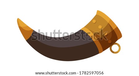 Ancient medieval drinking horn isolated on white background. Vector flat illustration of traditional Viking or warrior equipment, object of historic souvenir, old musical instrument for hunting