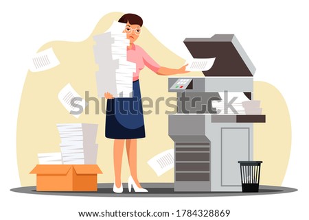 Sad unhappy vector secretary photocopying document pile. Overworked woman holding paper stack standing by printer in office. Stressful bureaucracy. Overwhelming facial emotion. Busy work day deadline