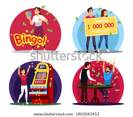 People win big money in gambling game set scene. Smiling woman won lottery or slot machines. Man hit jackpot in casino or poker. Happy couple holds million bank check. Vector character illustration