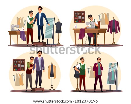 Tailor and customer at fashion atelier studio workshop. Master at work. Tailoring, measuring and sewing process. Vector people character scene set. Clothes store interior. Handmade garment creation