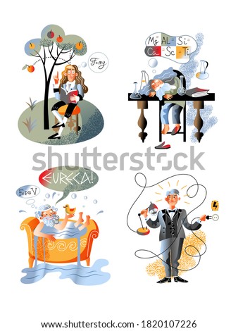 Isolated Archimedes in bathtub shouting eureka, Newton sitting under apple tree, Mendeleev sleeping on table, Edison switching on lamp. Great discover character set. Vector illustration