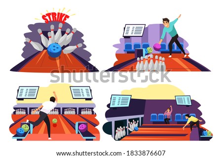 People playing game of bowling set. Man throwing ball on lane into tenpins and skittles, getting strike. Recreation and hobby vector illustration. Night entertainment, fun leisure activity.