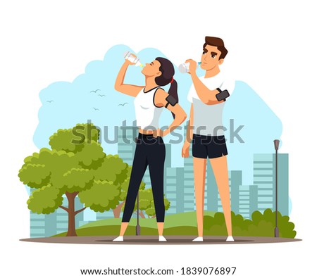 People drinking pure water after run. Woman and man gulping clean fresh water during sport break in park. Healthy lifestyle vector illustration. Sportsman exercising in nature.