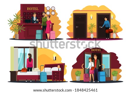 Hotel scenes in city illustration set. People traveling and staying at hotel with luggage. Happy holiday vacation vector. Tourists at reception counter, woman in room, family in hall.