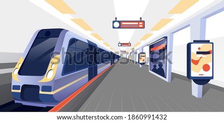 Train at subway station background. Modern metro platform vector illustration. Public transport interior of underground in city. Horizontal cityscape panorama with ad banners.