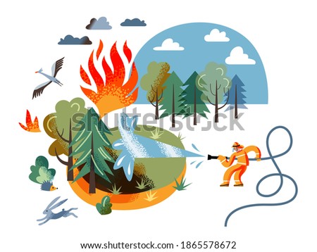 Firefighter saving forest from fire. Rescuing animals from burning forest. Fire department emergency vector illustration. Man with water from hose helping nature. Trees, grass, animals running.