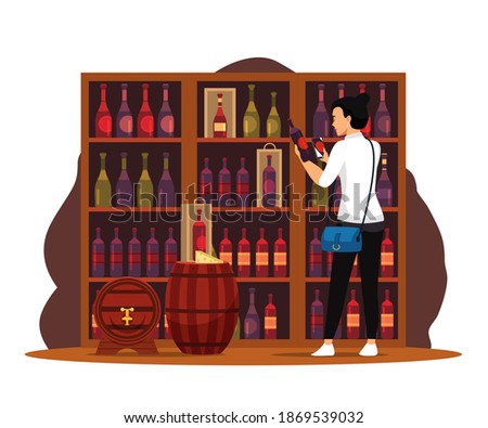 Girl choosing bottle of wine in shop with app. Drinking alcoholic beverage vector illustration. Woman looks at shelves with bottles, takes photo on phone, app finds wine after scan.