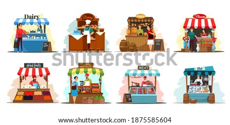 Street market stalls and kiosks with food illustration set. Outdoor local fair vector. Groceries, fish, honey, flowers, vegetables, fruits, meat, bakery, dairy stores. Wooden booth with merchants.