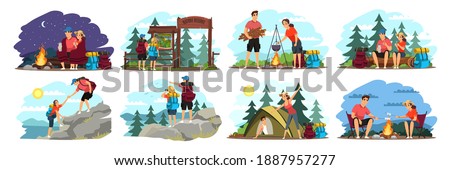 Couple camping illustration set. Man and woman traveling in mountains and forest with backpacks. Tourist outdoor scenes vector. Climbing, cooking on fire, sitting, sleeping in tent.