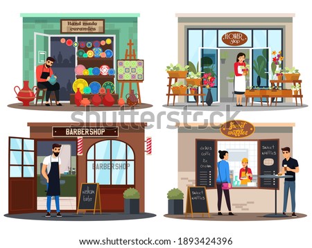 Small business shops set. Owners of ceramics store, flower and plant, barber shops, coffeeshop. Local downtown market vector illustration. Cuisine, modern service and customers.
