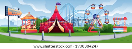Amusement park or carnival background. Holiday and vacation recreation at fun fair vector illustration. Attraction park with rollercoaster, carousel, candy stall, ferris wheel. Horizontal panorama.