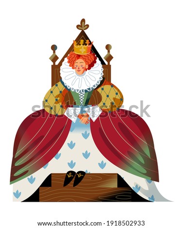 Medieval queen in dress and crown sitting on throne. Royal woman in Middle Ages vector illustration. Historical person in costume with hands together isolated on white background.