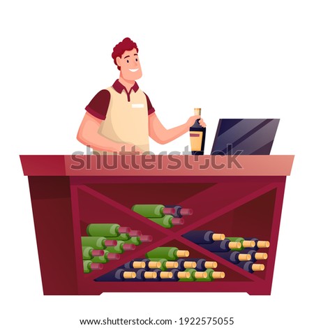 Cashier working at counter in alcohol shop. Wine store with table with shelf full of bottles, compter on desk vector illustration. Man standing and holding bottle on white background.