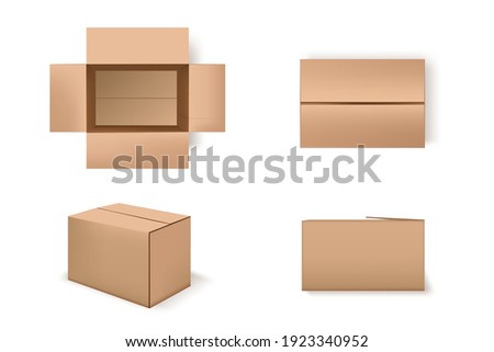 Brown cardboard boxes set. Carton package 3d mockup design vector illustration. Open, closed delivery parcels on white background. Top and side view on empty cargo crates.