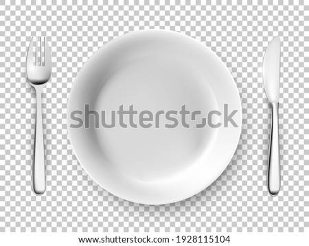 White plate, fork, knife table cutlery set. Empty dishes for dinner, breakfast or lunch vector illustration. Clean dining utensils isolated on transparent background, above view.