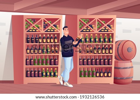 Man choosing in alcohol shop. Wine store interioir design with shelves with rows of bottles, barrels in background. Young happy guy holding bottle in hands vector illustration.