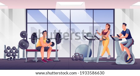 People exercising in fitness gym. Room with sport equipment for workouts vector illustration. Woman and men training on treadmill, bike, lifting dumbbells. Healthy lifestyle.