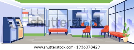 Bank office interior background. Finance services, business department place vector illustration. Financial workplace design with counters, atms, chairs, computers, windows.