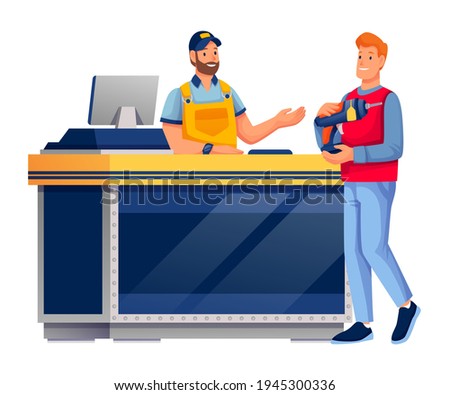 Man shopping in hardware shop. Salesman at counter with computer selling drill to happy guy vector illustration. Scene in tools and materials store isolated on white background.