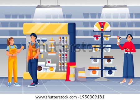 People shopping in hardware shop. Woman assistant standing and talking to man, girl choosing paint vector illustration. Tools and materials store interior design panorama.