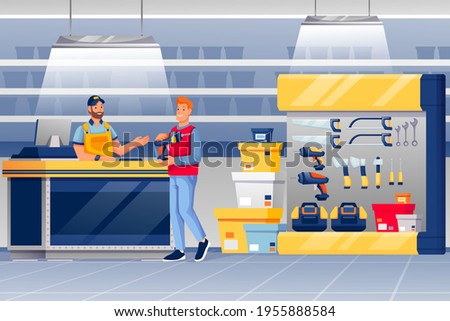 Man shopping in hardware shop. Salesman at counter selling drill to happy guy vector illustration. Tools and materials store interior design scene with toolkits, hammers, saws.