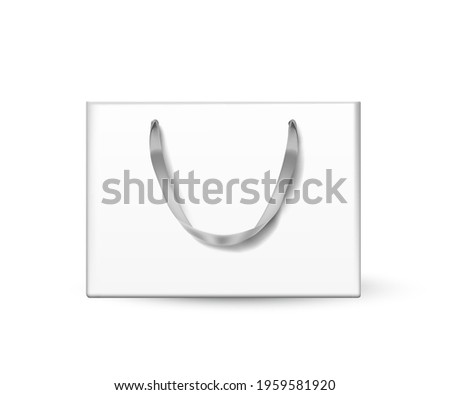 White cardboard bag. Blank gift or shopping package with ribbon handle vector illustration. Realistic commercial store carton bag isolated on white background.