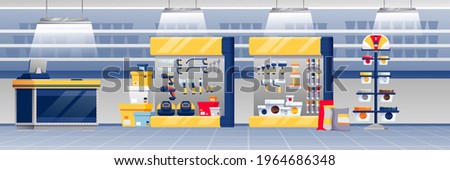 Hardware shop interior design background. Store with counter, stands with paint, toolkits, saws, hammers, screwdrivers vector illustration. Tools and materials assortment panorama.