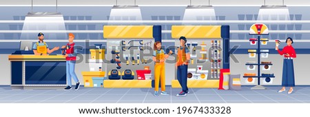 People shopping in hardware shop. Man at counter selling drill to guy, woman choosing paint, assistants standing vector illustration. Tools and materials store interior design panorama.