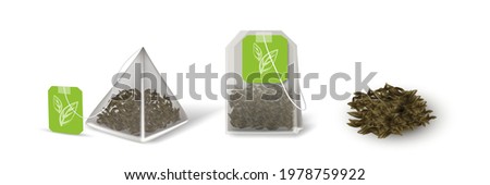 Green herbal tea in teabags and pile set. Square and triangular aromatic bags with label design tags vector illustration. Realistic healthy drink isolated on white background.