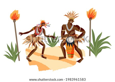 African tribal people playing music and dancing. Man and woman performing with drums in tribe vector illustration. Girl and guys with instrument. Traditional elements and ceremony.