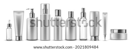 Plastic beauty containers set. Cream, lotion, spray, oil, shampoo, hand soap, gel, milk, balsam vector illustration. Mock up template packaging of cosmetic products in tubes and jars.