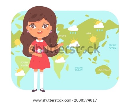 Weather forecast on tv news with kid meteorologist vector illustration. Cartoon cute child girl character talking about sun or rain weather in world, meteorology television channel isolated on white